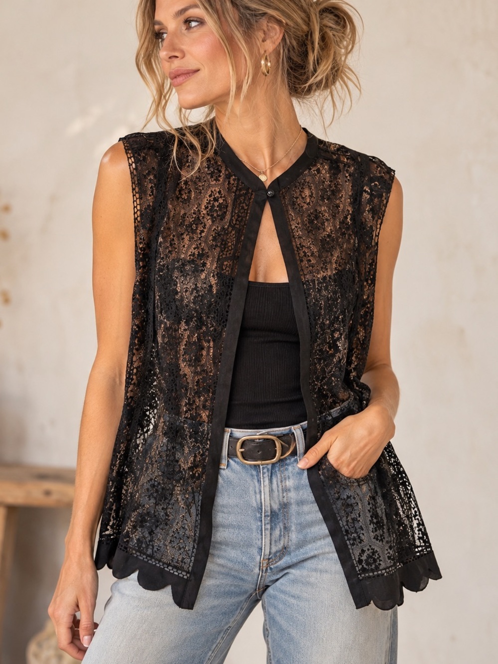 Sheer Black Lace Silk Trim Open Front Blouse